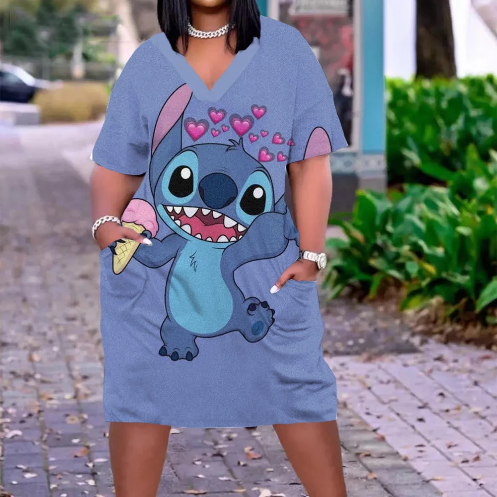 

Disney Stitch Anime Dress 3D Print Loose Pajama Beach Dress Mid Pocket Gothic Short Sleeve Dress Elegant Sun Dress