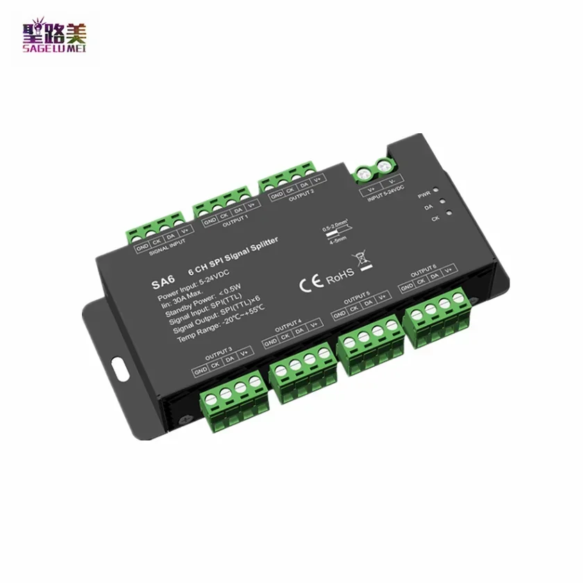 

5-24VDC 6 Way SPI Signal Splitter SA6 12V 6CH TLL Amplifier Repeater For WS2811 WS2812 2815 2813 RGB RGBW Addressable LED Tape