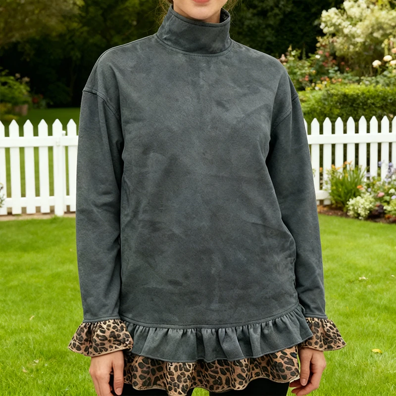 Otoño Y2K Kpop Retro con volantes vestido con adornos de leopardo mujer cuello alto manga acampanada moda mujer Tops Mini vestido Casual ropa de calle