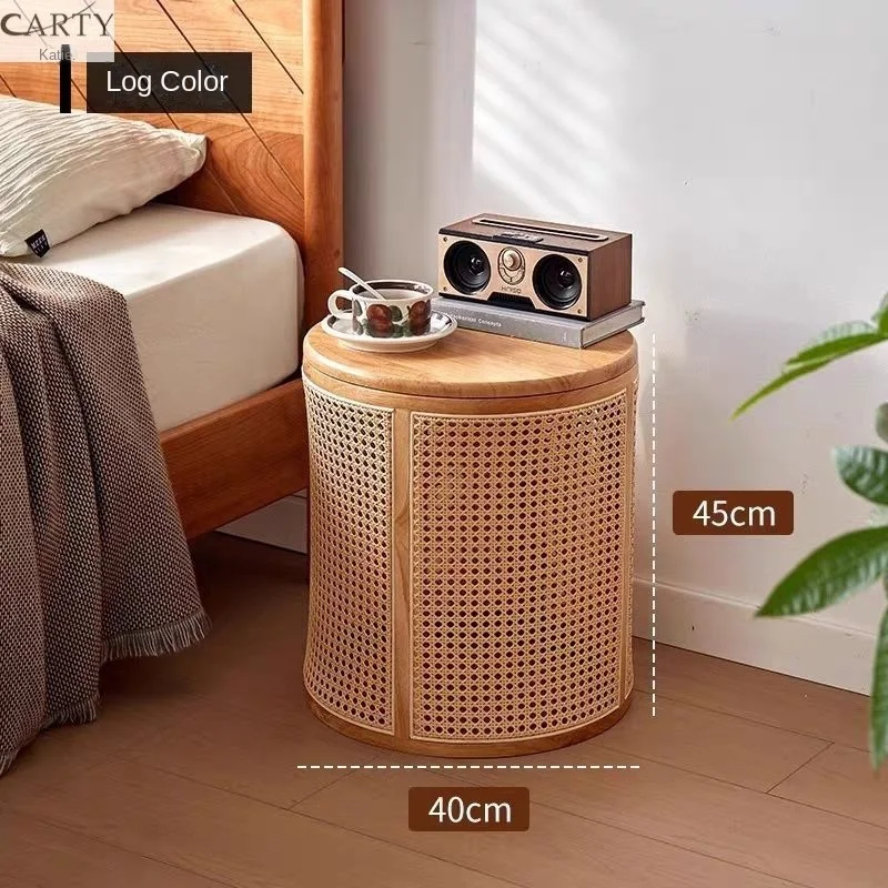 Fullove Rattan Storage Corner Coffee Sofa Small Stool On The Side Round Table Retro Bedside Table Storage Table Round With Lid