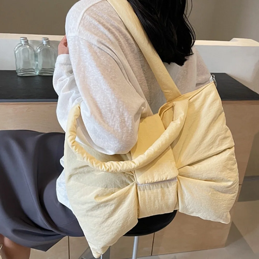 

Korean Style Ruched Bowknot Shoulder Bag Large Capacity Cotton Padded Nylon Quilted Tote Bag Commuting Soft Crossbody Bags Woman