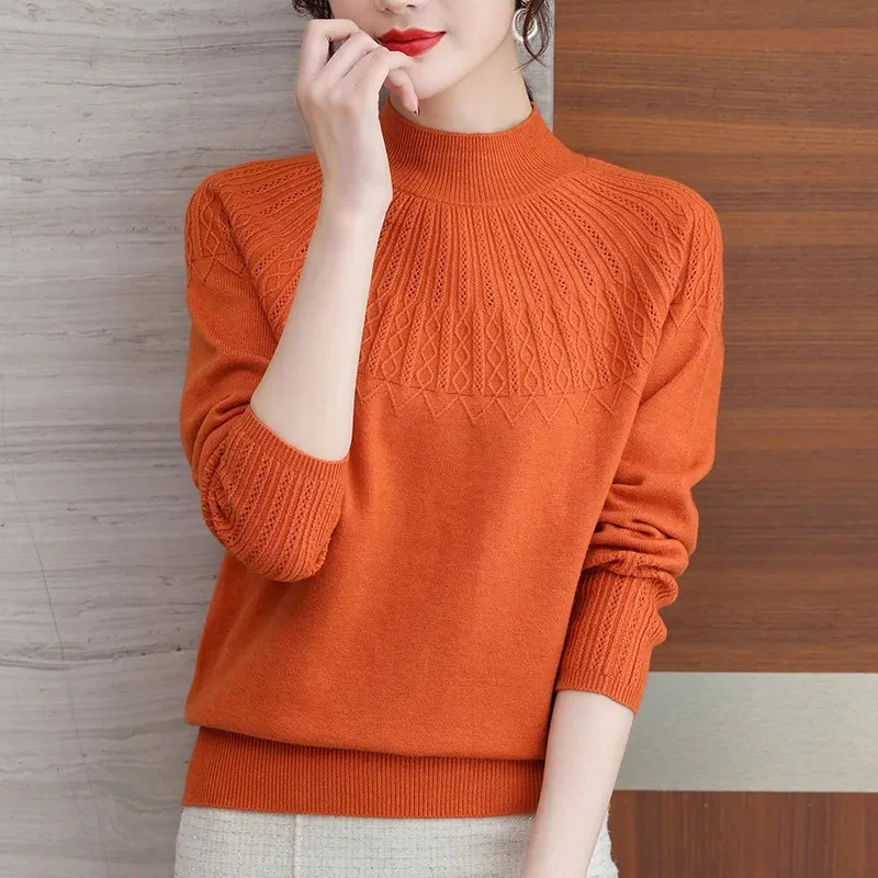 2024 Women Solid Half High Collar Cashmere Sweater Autumn Winter Loose Knitted Wool Casual Sweater Bottoming Shirt