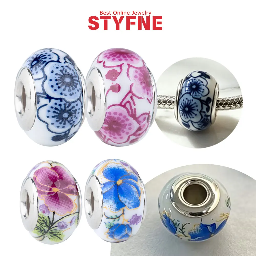 Original S925 Silver Ceramic Floral Charm Bead Fit Snake Chain Bracelet Diy Women Jewelry Gift
