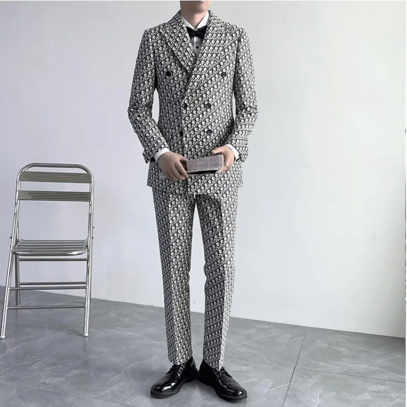 Uomo-traje de 2 piezas para hombre, chaqueta estampada, pantalones, esmoquin Formal para novio, traje de negocios para novio, traje ajustado, 2023