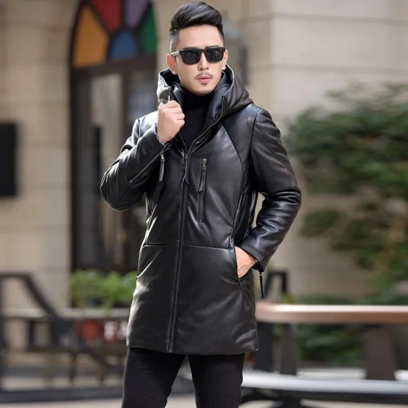 Winter New Brand Men\'s Korean Plus Size Coats Male Long Leather Jacket Men Warm Hooded White Duck Down Outwear Fashion Jackets