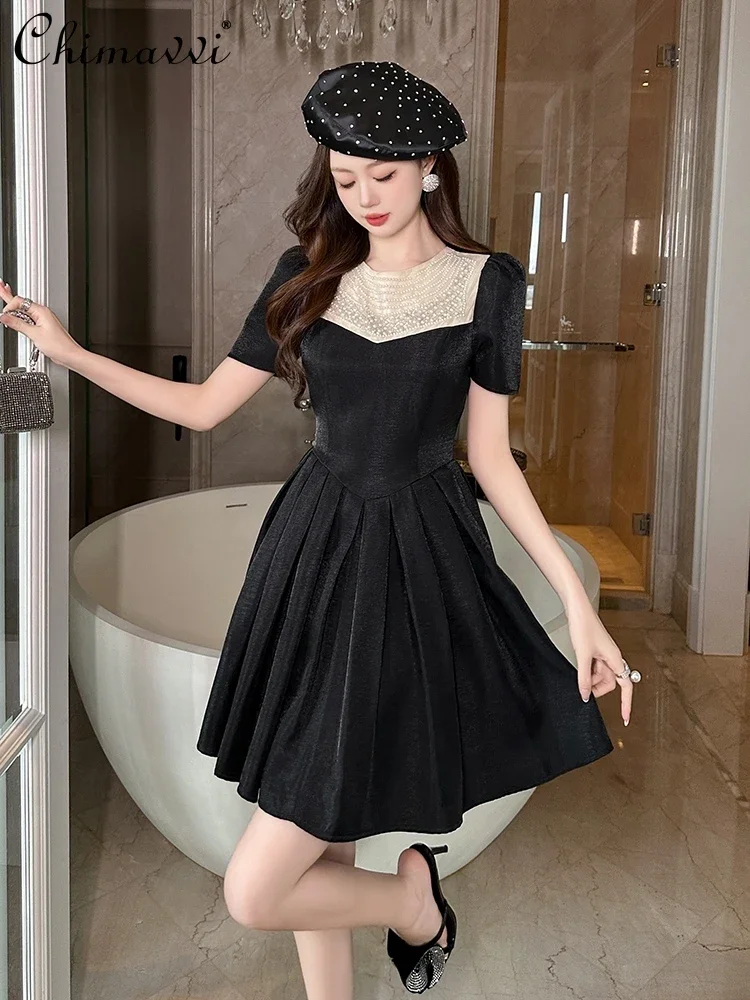 French Hepburn Style Beaded Round Neck Puff Sleeves High Waist Slim Fit A-line Temperament Commuter Black Short Dress for Women