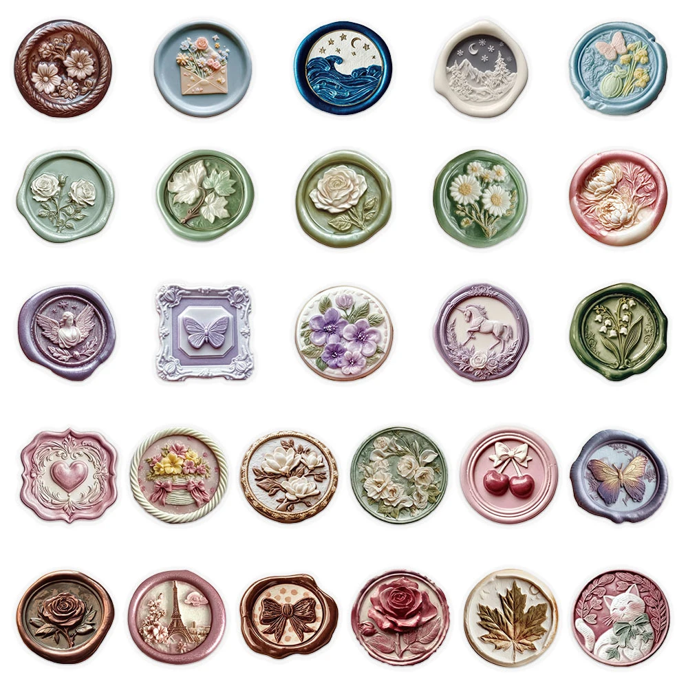 10/30/50pcs Adesivos de Selo de Cera Vintage Coloridos com Padrões Estéticos para Decoração de Scrapbook, Telefone, Guitarra, Adesivos Fofos