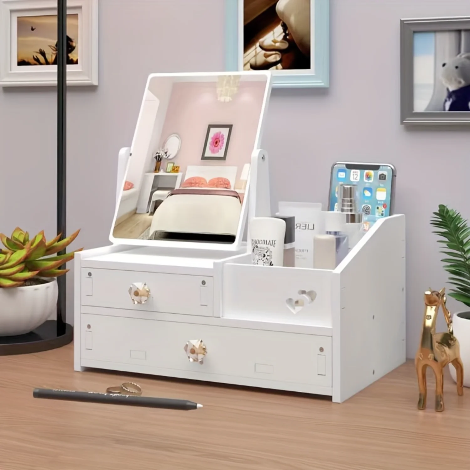 1pc White Vanity Mirror with Dustproof - Portable Jewelry Box & Cosmetic Organizer, Enhanced Display Shelf, Ideal for Bedroom Dr