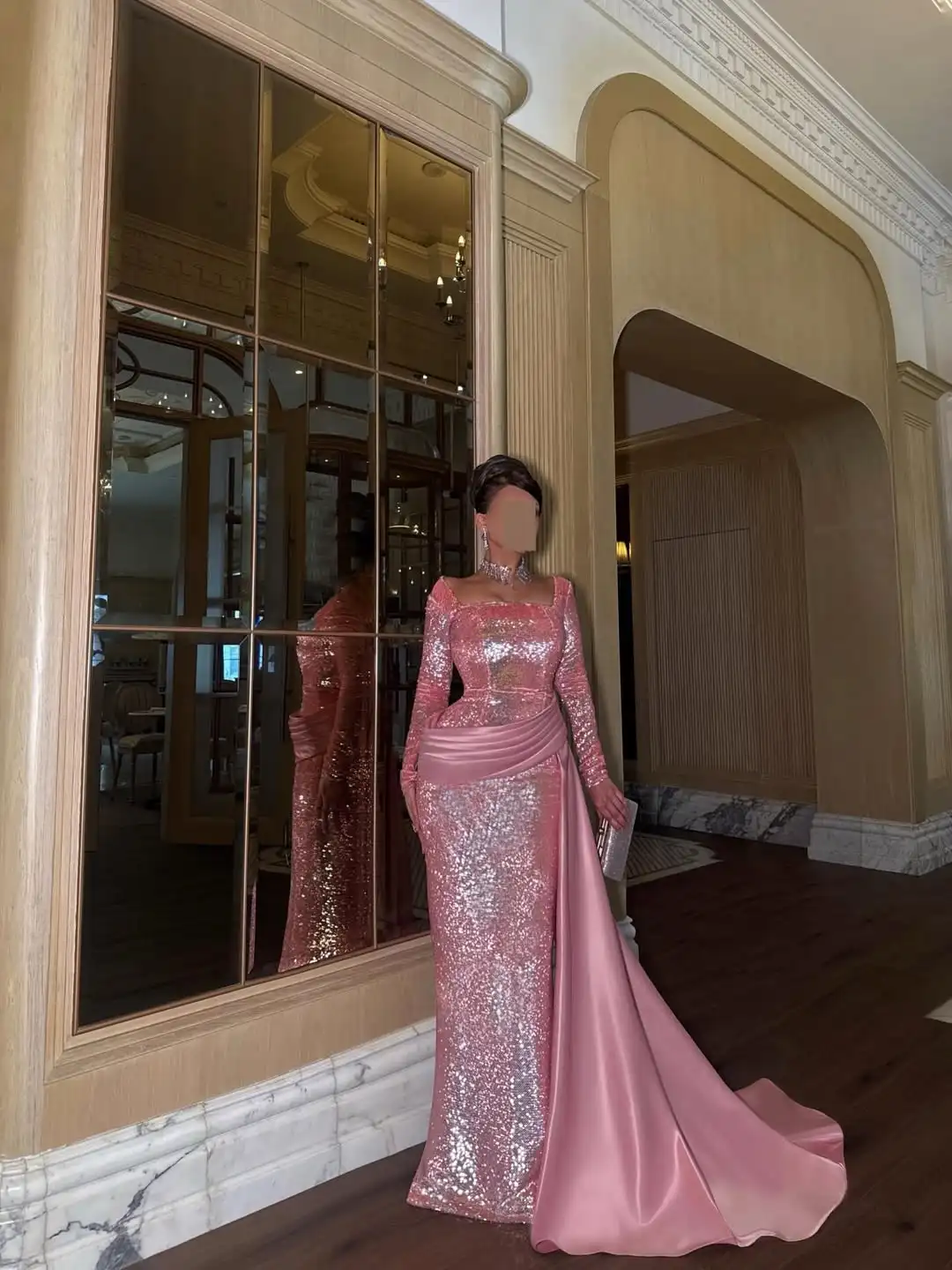 Shining Pink Sequins Square Collar Party Dress Long Sleeves Women Mermaid Evening Prom Dresses Side Trail Gowns Customized