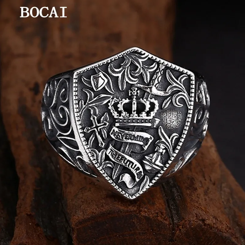 BOCAI New S925 Sterling Silver Ring Retro Trendy Personality Crown Shield Split Ring Men's and Women's Gift Fine Jewelry