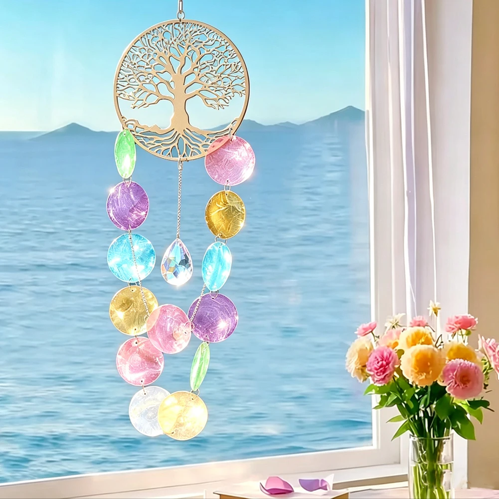 Capiz Shell Waterfall Wind Chimes Wood Tree of Life Mesmerizing Rainbow Crystal Suncatcher Boho Hanging Meditation Window Decor