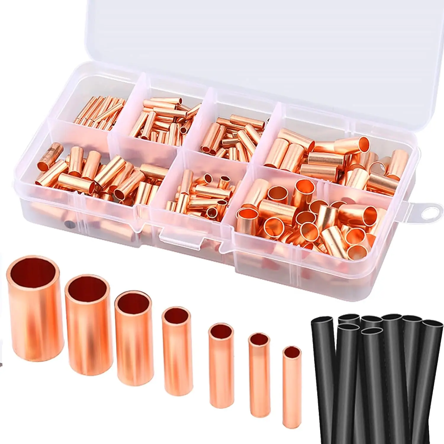 250pcs Wire Terminal connectors 7Size Electrical Butt Connector Copper Tube Connector Kits with Heat Shrink Tubing Wire Ferrules