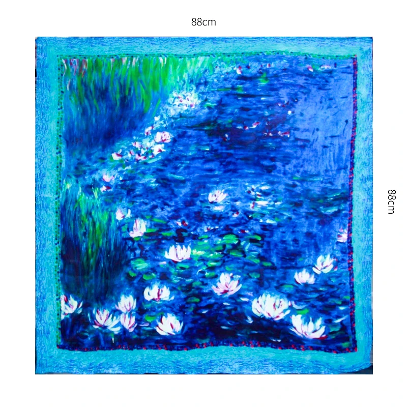 

100% Mulberry Silk Scarf Monet Water Lilies Print 88cm Square Luxury Artistic Silk Scarf for Women Elegant Fashion Accessory