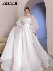 Modern Wedding Dress, Organza Classic A-Line Bride Dresses, Long Puffy Sleeves Bridal Gown High Neck High Quality