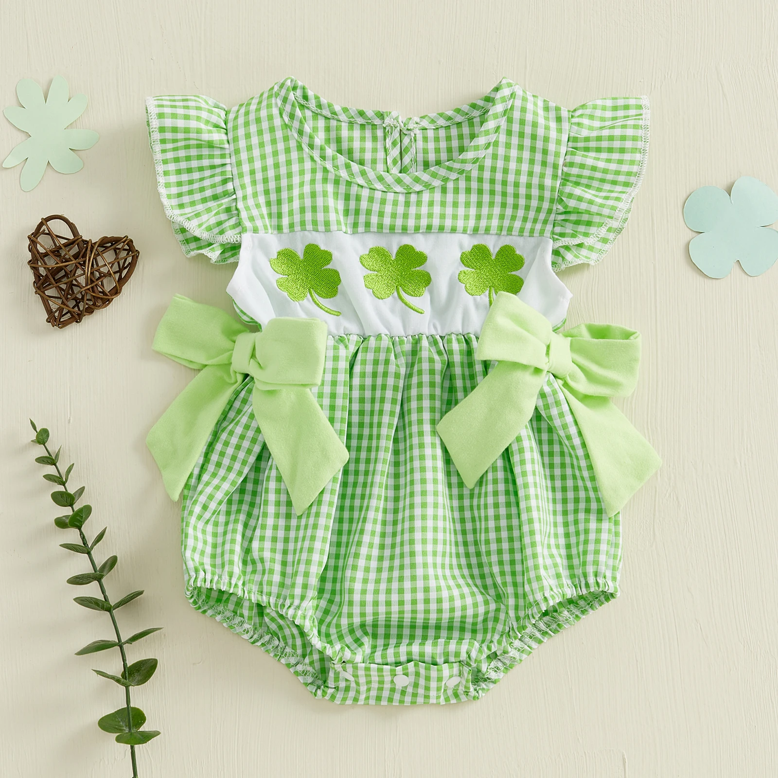 Baby Girl Irish Day Romper Summer Princess Plaid Print Clover Embroidery Newborn Jumpsuit Cute Sweet Party Toddler Clothes