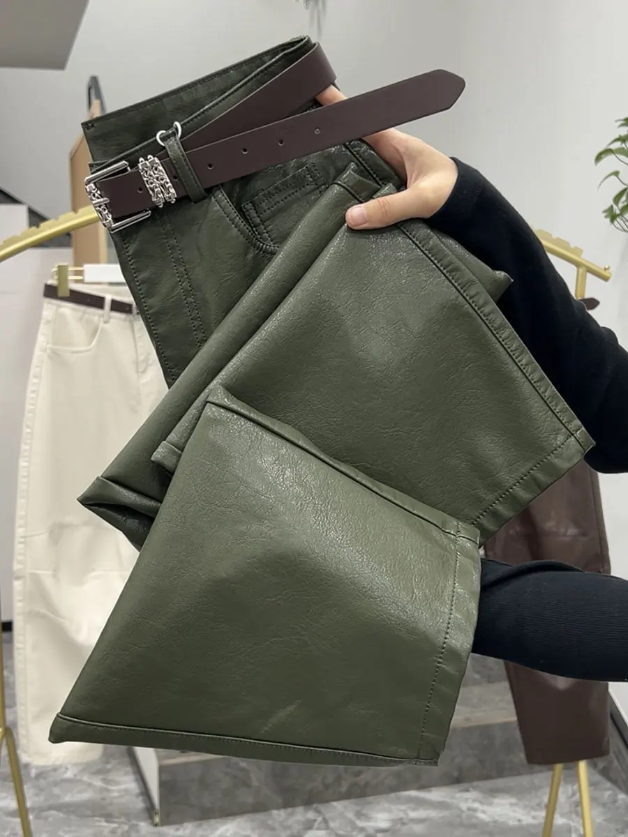 

Утепленные осенне-зимние кожаные брюки для женщин с высокой талией, с поясом, прямые, повседневные, из искусственной кожи