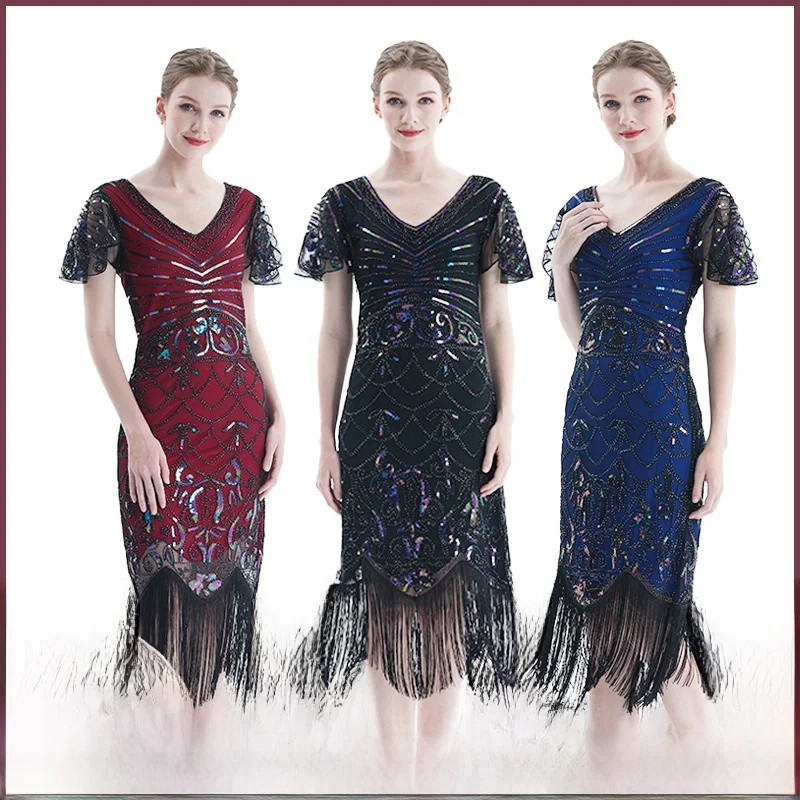 Retro Perlen Quaste Abendkleid handgemachte große Größe Pailletten Dr Wi Bestseller 920er Jahre Sle Hochzeit Dr Damen Faion