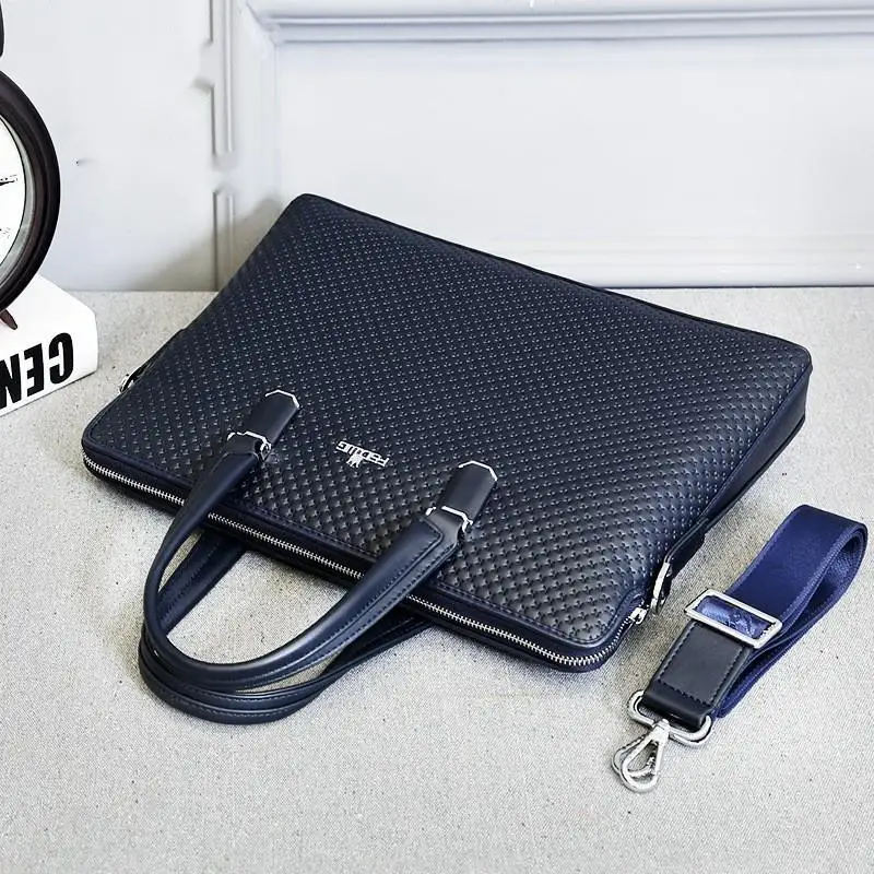 Briefcase Embossed Cross Pattern Men's Handheld Business Shoulder Crossbody Messenger Luxury Brief Genuine Leather Men Bag
