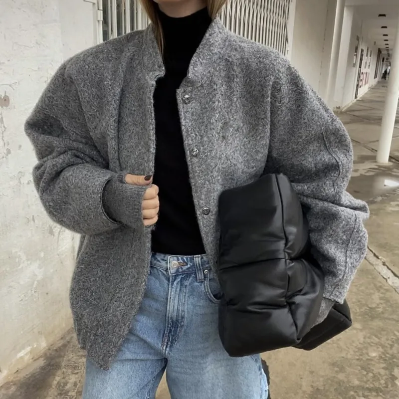 Winter Bombers Jacket Women Standing Neck Single Breasted Double Large Pocket Long Sleeve Coat 2023 Spring New Fashion Clothes