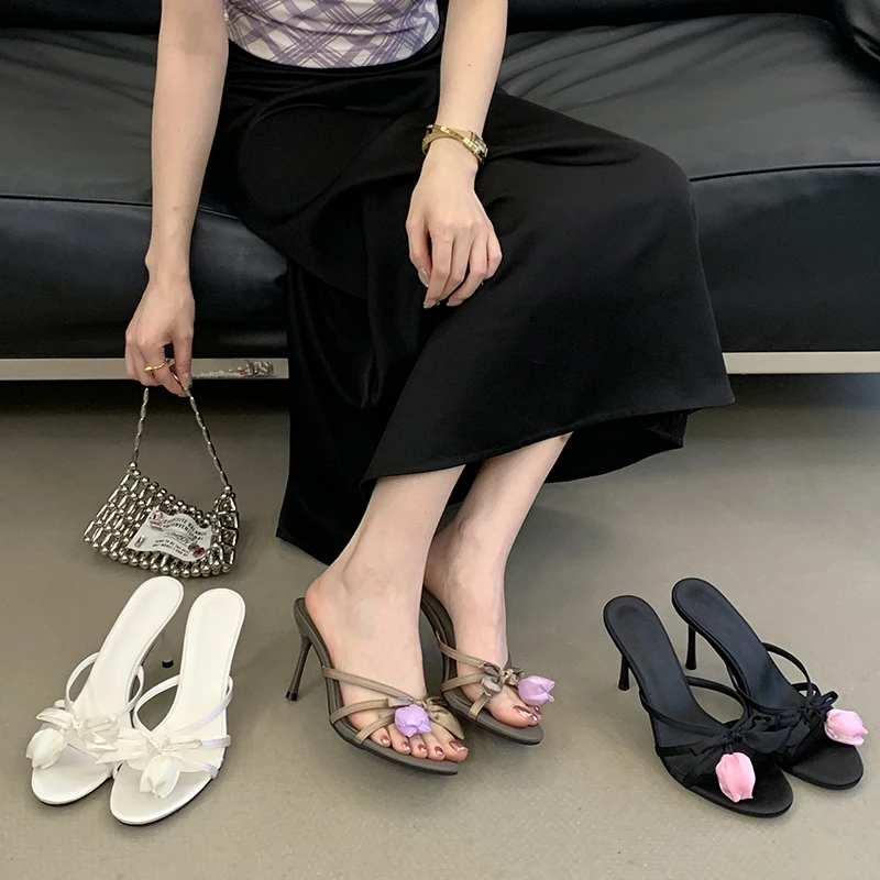 Women's Square Open Toe Tulip Floral Bow Decor Multi‑Strap Slip‑On Stiletto Heel Mule Sandals, Romantic Evening Party Footwear