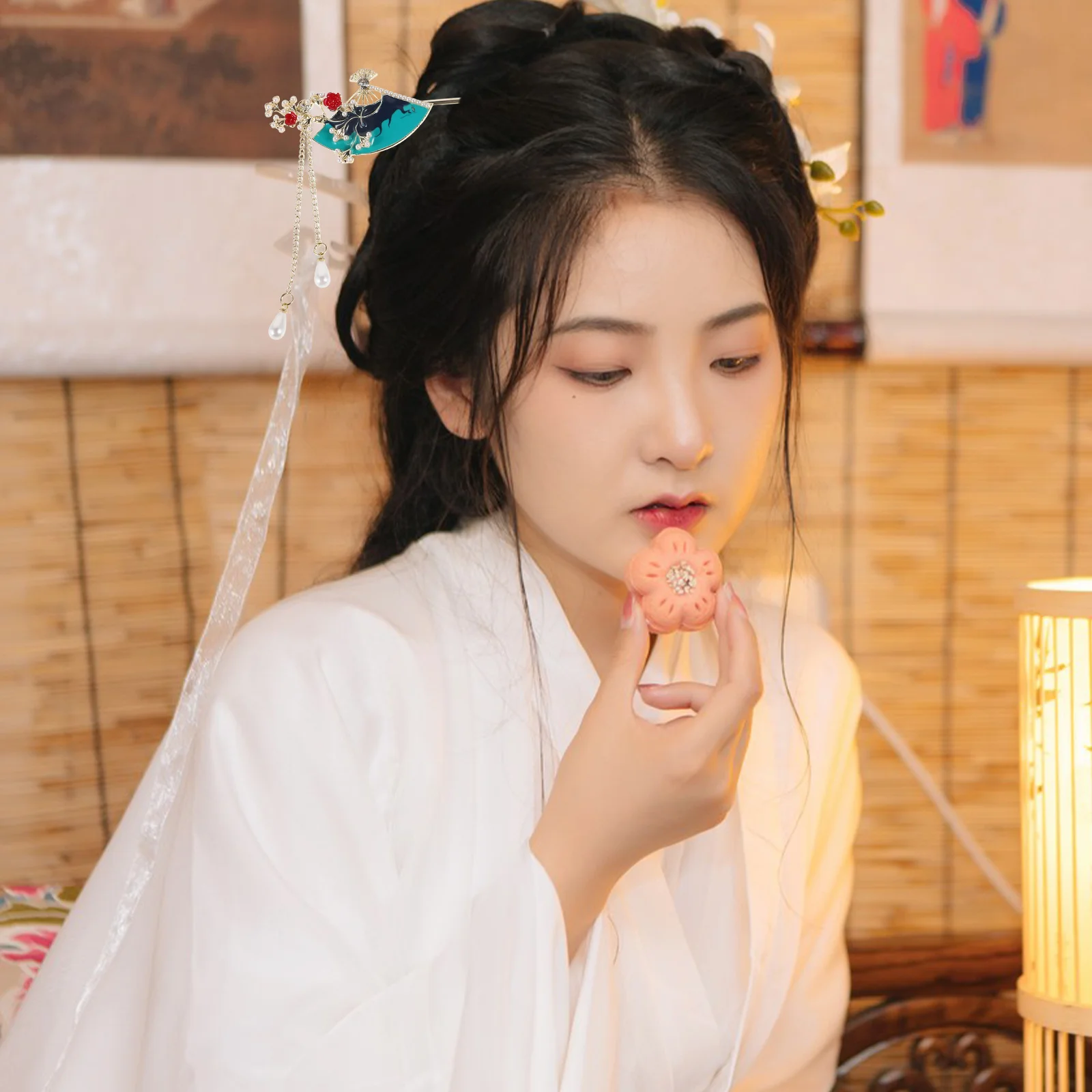 

Fan Shape Hair Sticks with Tassel Chinese Style Handmade Hairpin Traditional Long Hair Accessories for Women Hanfu Updo