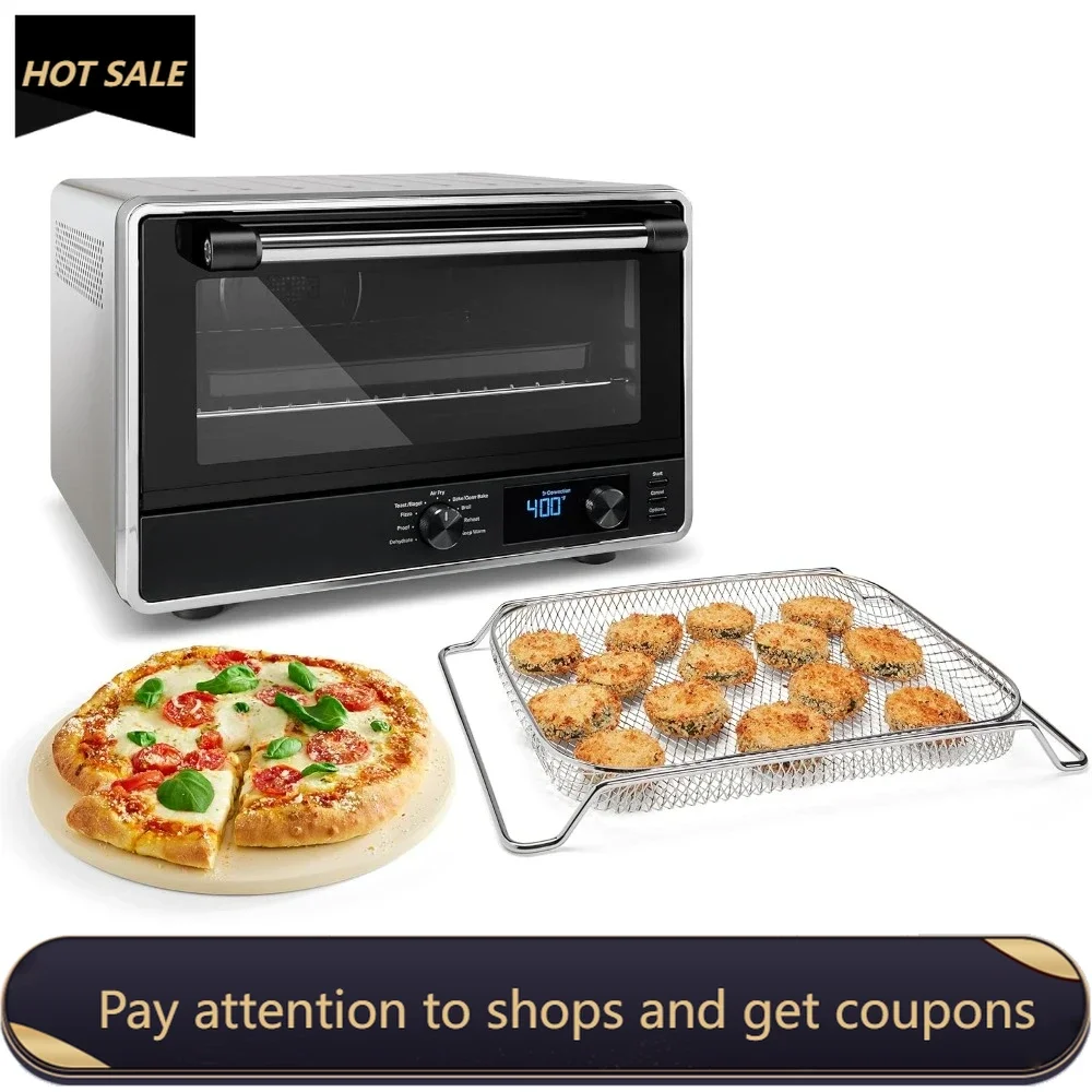 Oven meja Digital dengan Air Fry & batu Pizza, kontur perak