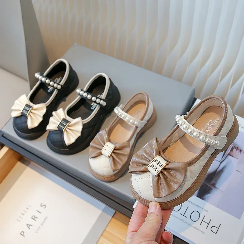 Anti Slip Pearl Bow Girls Leather Shoes PU Girls Casual Leather Shoes for Spring Autumn Outdoor Sizes 21-35 Sandalias De Mujer