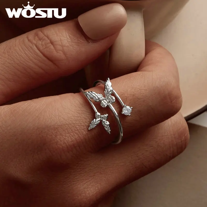 WOSTU 925 Sterling Silver Three layer butterfly Ring Unique Party Jewelry Gift For Women Adjustable Rings Girl Birthday Jewelry