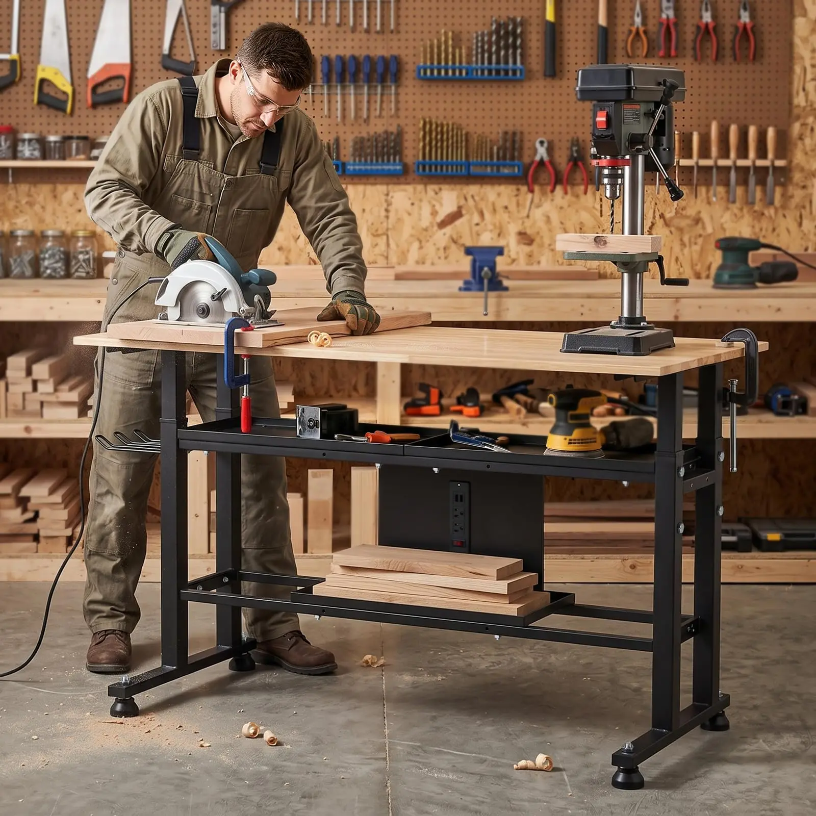 Adjustable Workbench, 48’’ Work Bench with Power Outlet and Storage