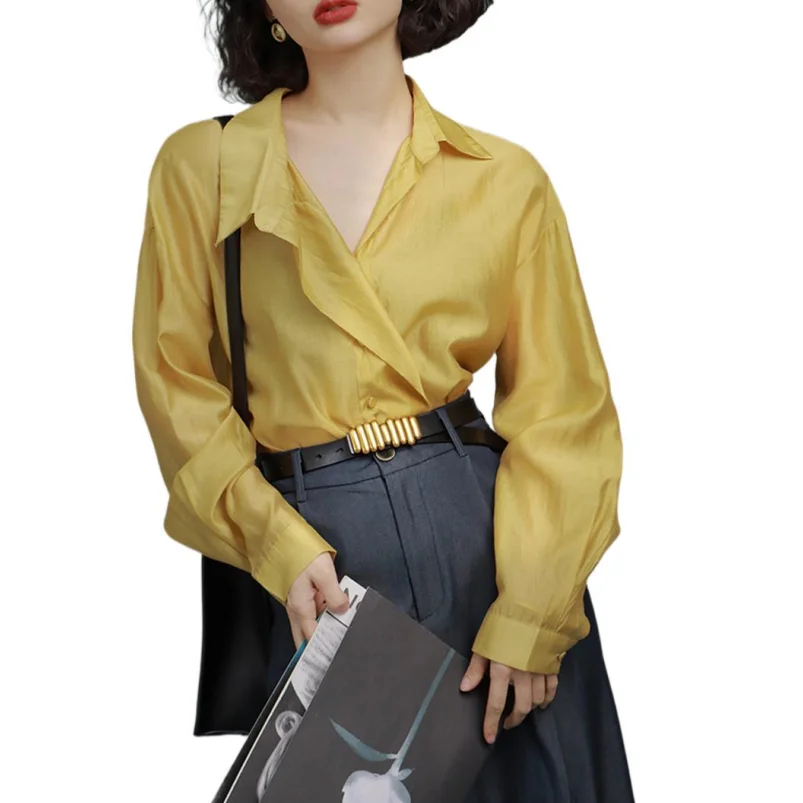 

New Spring Rayon Office Lady Smooth Turn-down Collar Sunscreen Wide Brimmed Shirt Solid Loose Basics Casual Thin Shirts Coats