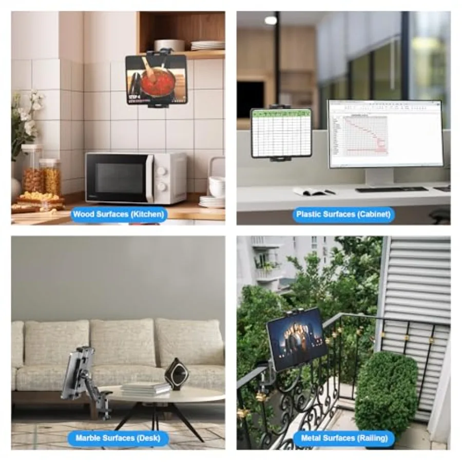 Penyangga Tablet iPad di Bawah Kabinet Dapur, Penyangga Tablet iPad di Meja dengan Penjepit, Basis Aluminium, Lengan Logam, Rotasi 360 Derajat, Kompatibel dengan
