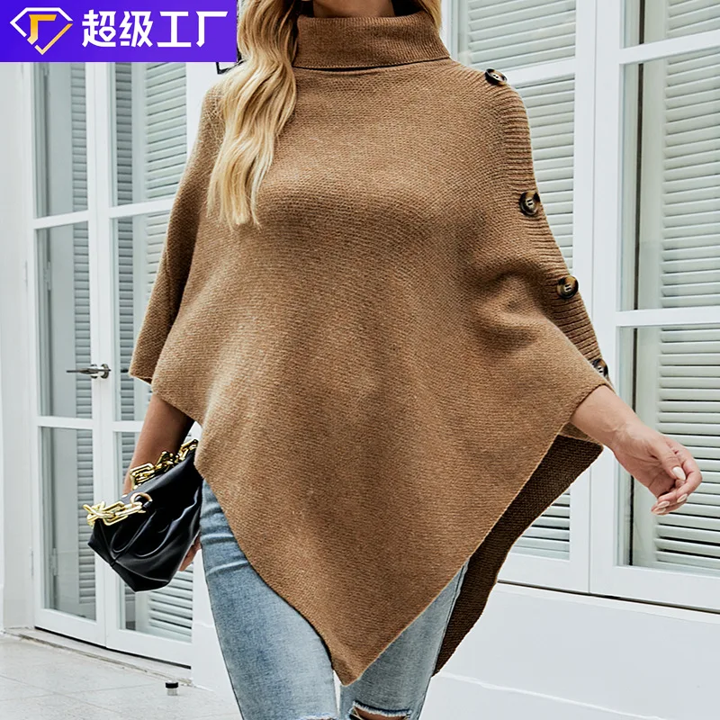 2025 Autumn and Winter Shawl Cape Sweater Solid Color Turtleneck Knitted Sweater Jacket Women's Europe and America