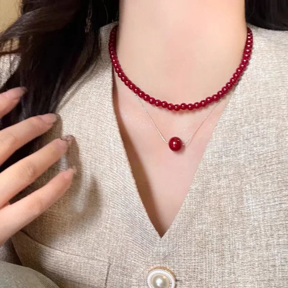 Kpop Double Layered Red Beaded Necklaces for Women Sweet Lucky Pearl Chain Necklace Aesthetic Y2K New Jewelry Accessories Gifts