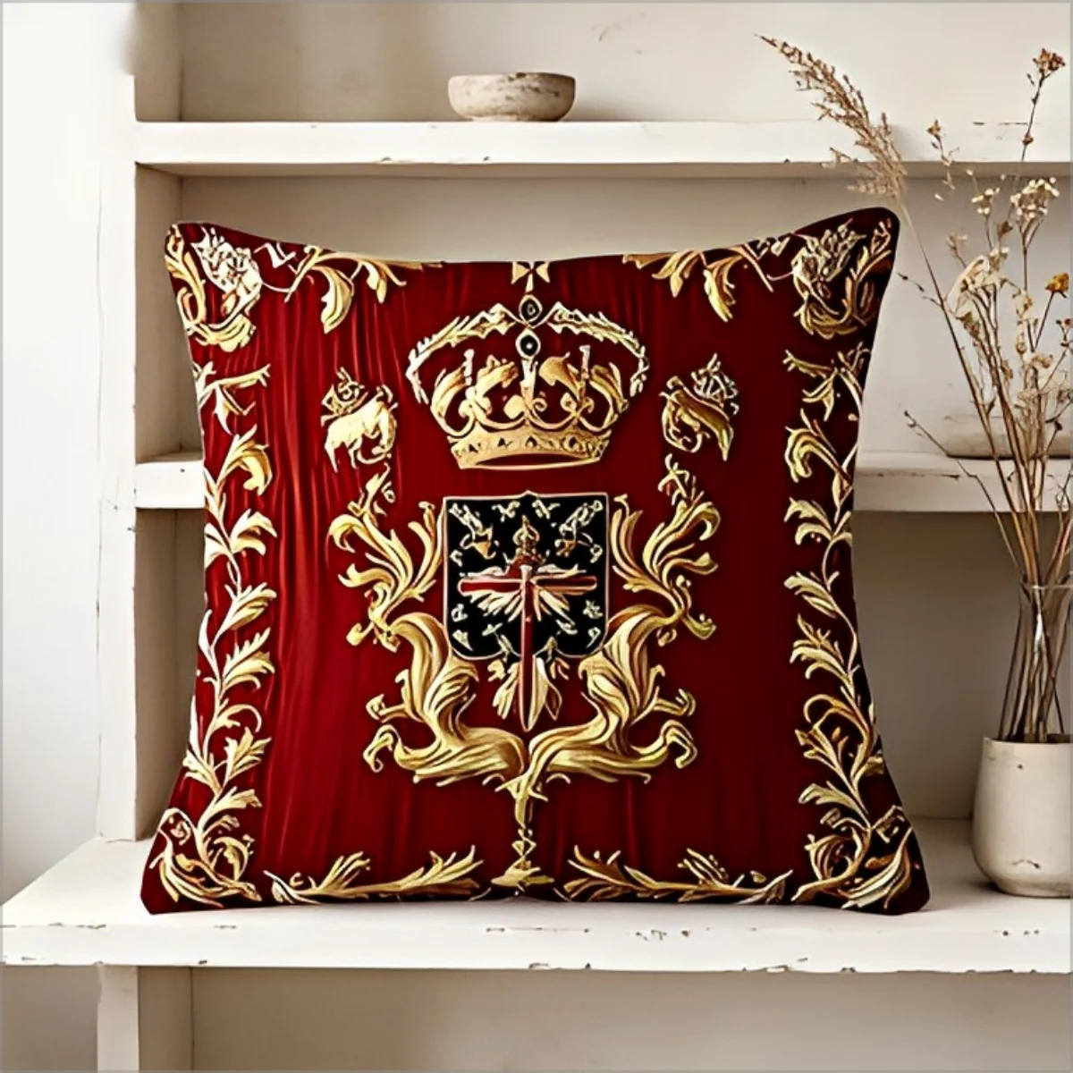 Doppelseitiger Kissenbezug mit königlicher Krone, roter Barock-Gold-Emblem-Druck, Kissenhülle für Sofa, Wohnzimmer, europäische Heimdekoration