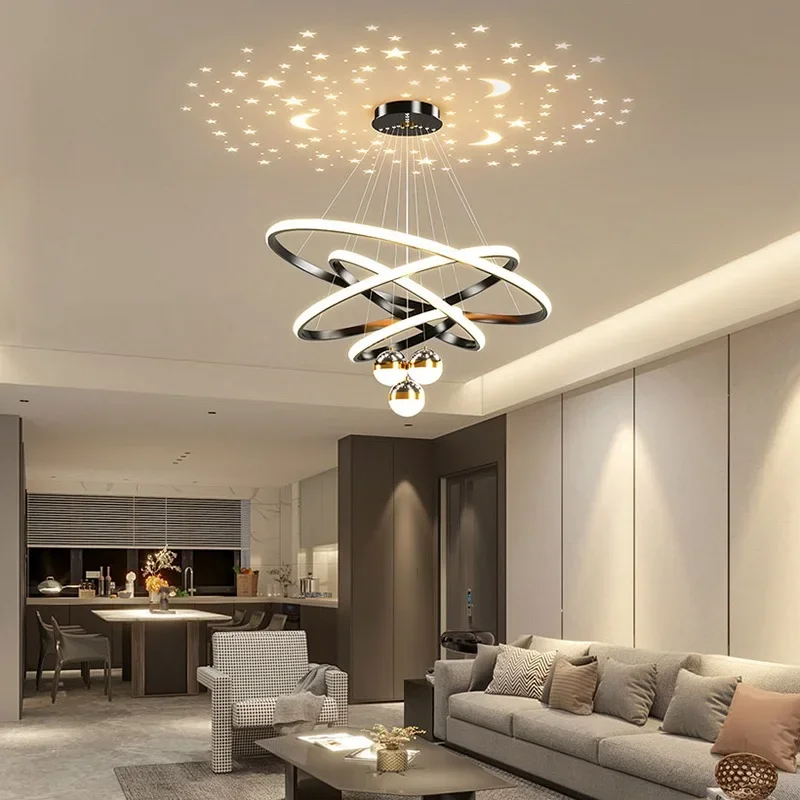 Noridc Led Chandelier Starry Sky Projection Lamps For Living Room Kitchen Black Led Pendant Lights Remote Control Hanging Lights