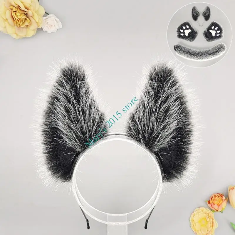 E15F Cats Foxes Faux Furs Ears Headband Halloween Fancy Dress Cosplay Costume Handmade Furry Animal Ears Hair Hoop Kid Adult