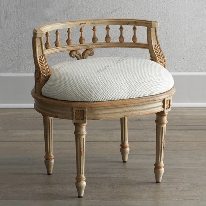 

Country dressing stool, all solid wood bedroom vintage nostalgic upholstery white short back round vanity stool