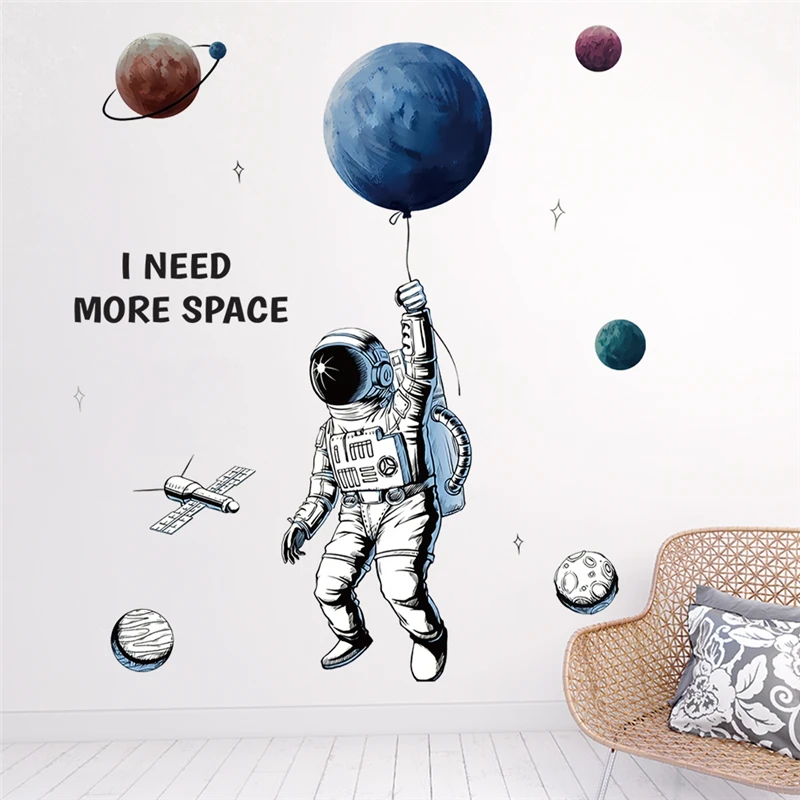 Astronaut Planet Balloon Satellite Pattern Wall Stickers For Kids Room Home Decoration Space Mural Art Nursery Decal Boys Poster