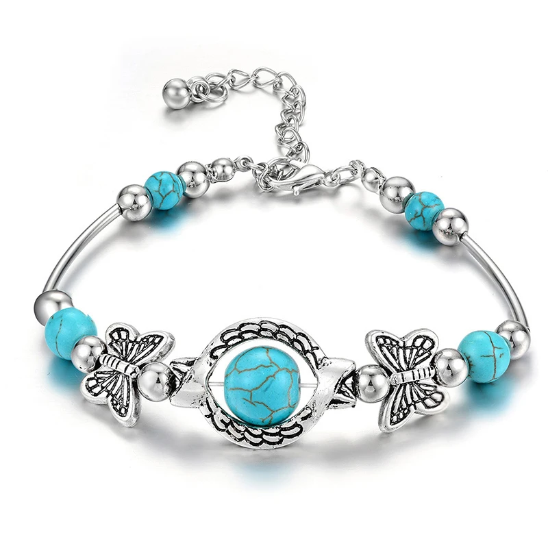 Fashion Turquoises Blue Beaded Natural Stone Butterfly Charm Bangle Bracelet For Women Boho Ethnic Vintage Silver Color Jewelry