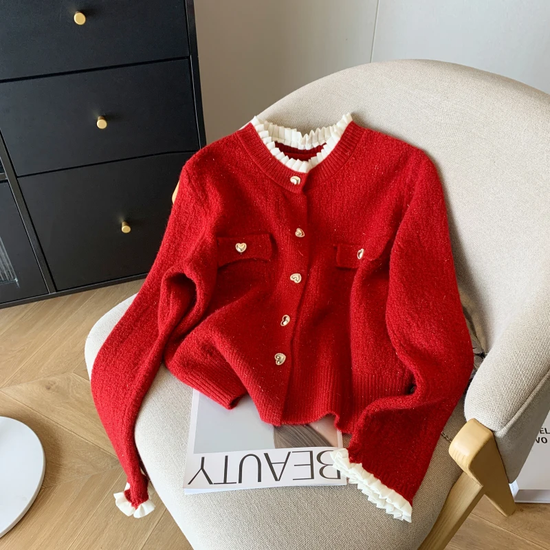 New 2024 Autumn Winter Cashmere Sweater Women Korean Style Casual Ruffles White Pink Red Long Sleeve Knitted Cardigans For Women