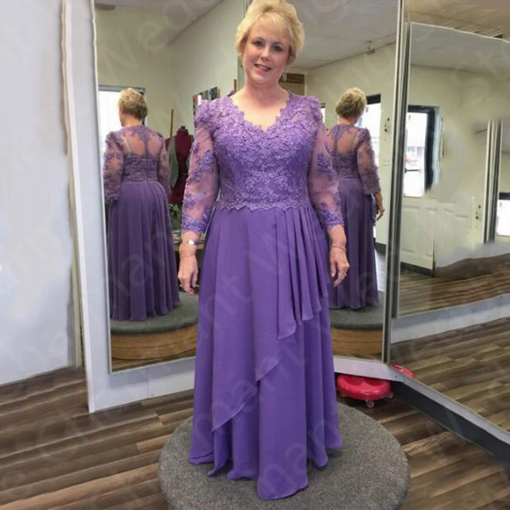 Classic New Arrival 2023 Mother Of the Bride Dresses Purple Lace Wedding Party Gowns 3/4 Sleeves Illusion Back Madre Vestidos