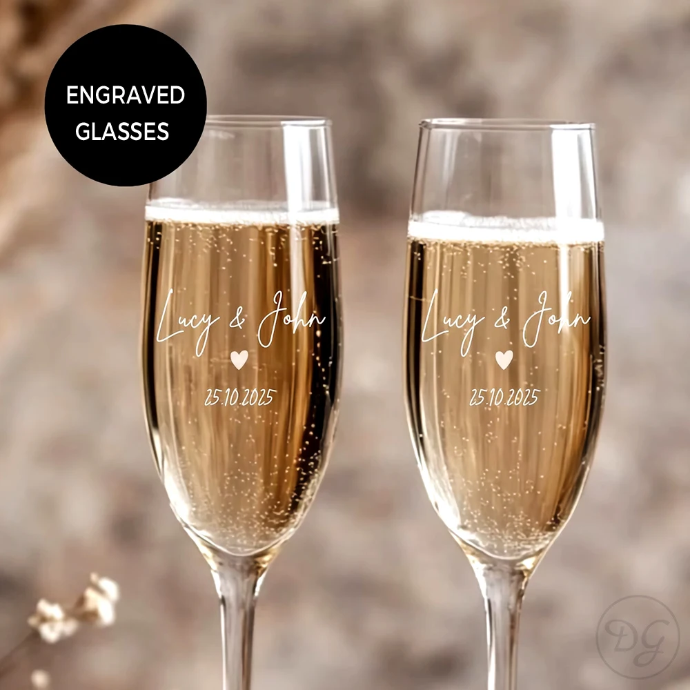 

Personalized Champagne Glass Set of 2 Engraved Wedding Anniversary Gift, Wedding Champagne Flute, Bridesmaid Glasses
