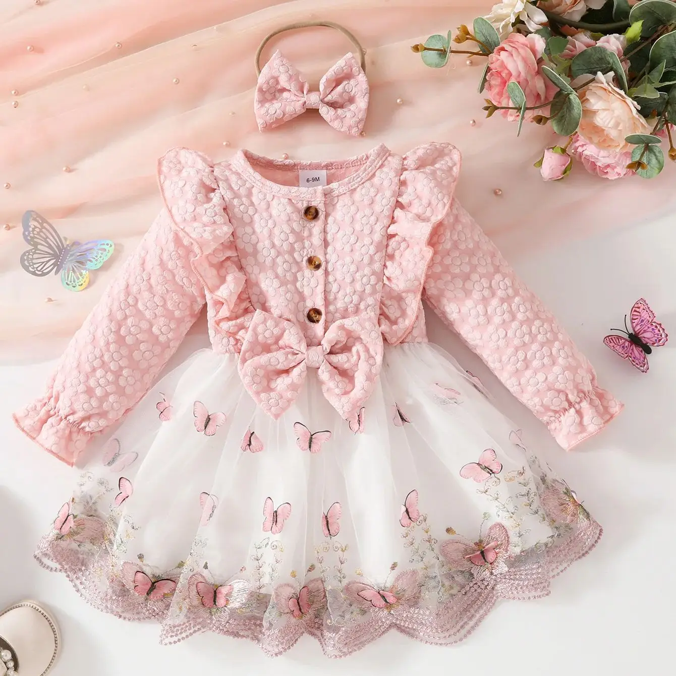 

Sweet Cute Baby Girls Clothes Long Sleeve Lace Tulle Floral Dress With Bow Headband For Toddler Kids Casual Daily Party Outfits