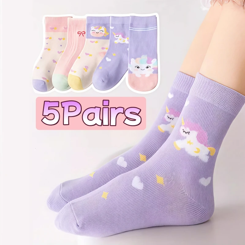 5/10 Pares de Meias Infantis com Estampa de Unicórnio Fofo para Meninas, Meias de Cano Médio com Laço para Crianças, Meias de Algodão Macio para Primavera e Outono
