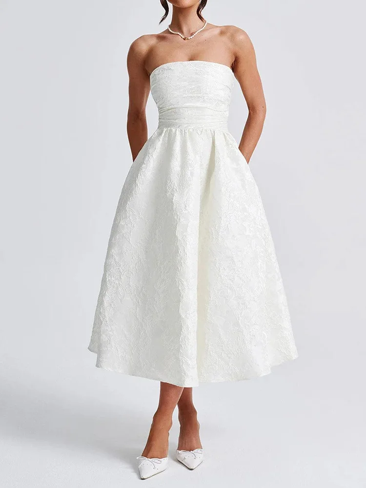 Elegante backless a-lijn satijnen lange jurk witte jacquard taille wrap mini-jurken vrouwen off-shoulder sexy feestavond vestidos