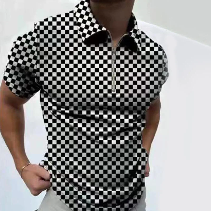 Cross-border 2024 Europe and the United States spring and summer short-sleeved new POLO shirt zipper check color matching men\'s