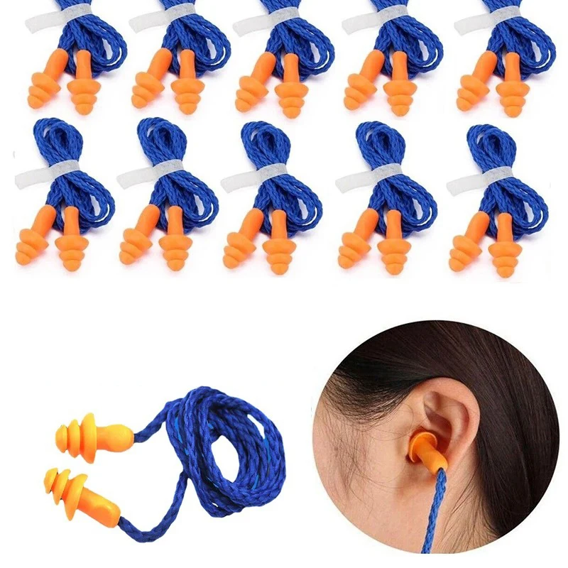 1/5/10Pairs Noise Cancelling Ear Plugs Silicone Corded Ear Plugs Ears Protector Reusable Anti-Noise Earplugs Headwear Earmuff