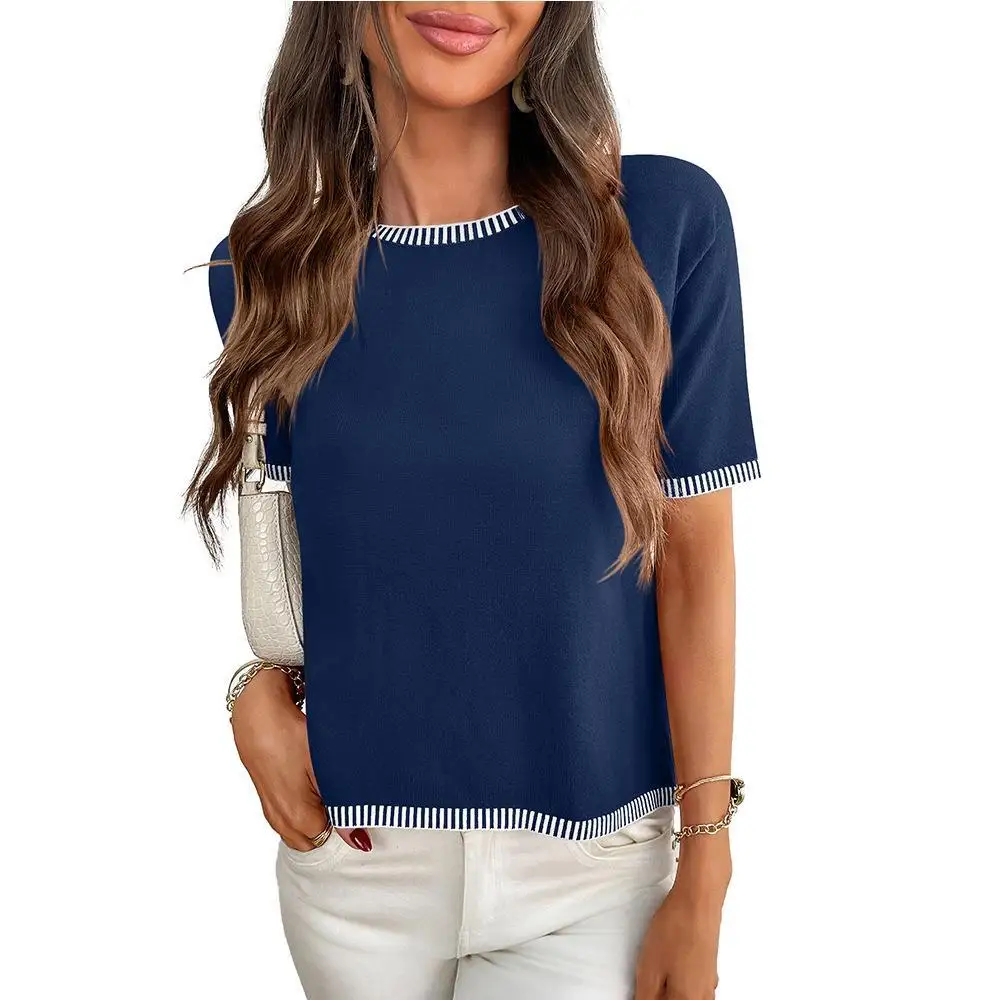 

Лето 2023, женский вязаный свитер ort Sve round Ne в полоску, трансграничный модный тонкий материал, однотонная повседневная одежда