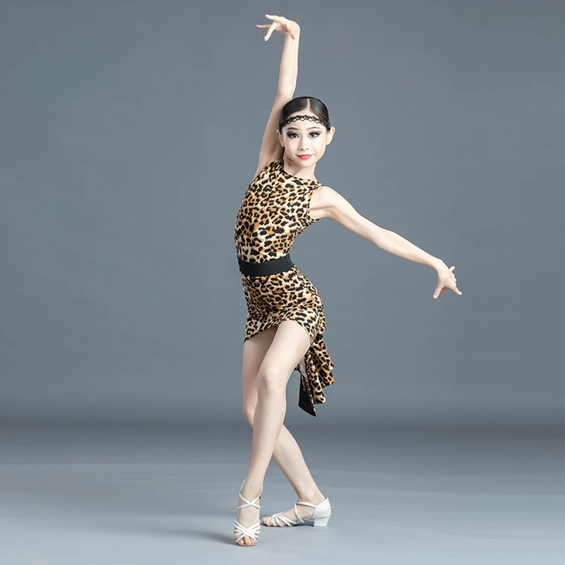 Leopard Dance Costume Girl Latin Dress Kids Dance Dresses Stage Wear Clothes For Girls Cha Cha Rumba Tango Salsa Dancing Costume