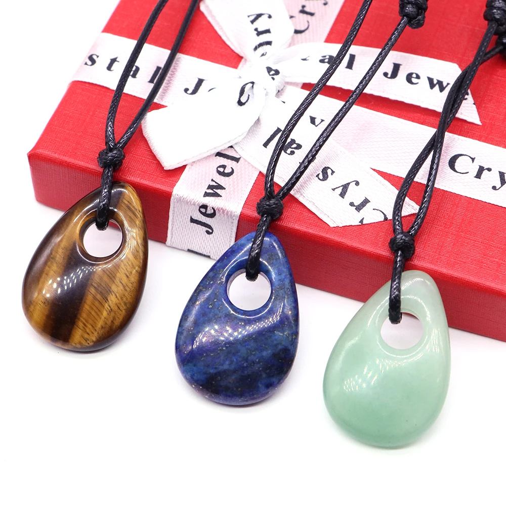 Natural Stone Crystal Big Hole Water Droplets Beads Pendant Amethyst Charms Waxed Cord Necklaces Women Men Jewelry Party Gifts